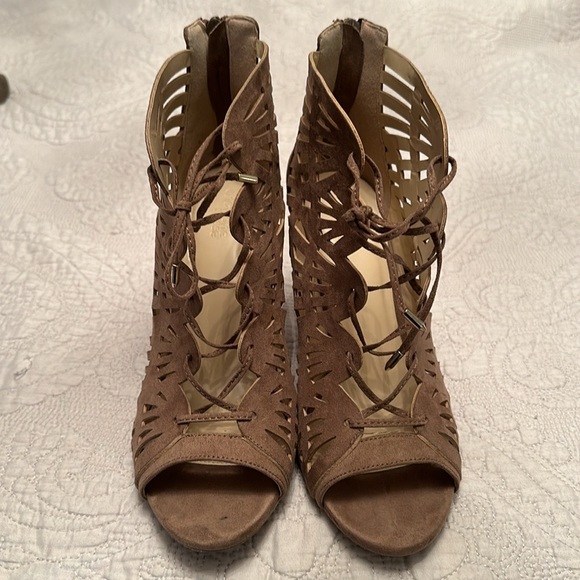 Beige Suede Charlotte Russe Cage Style Lace Up Heeled Booties - Picture 3 of 8